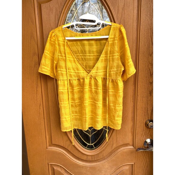 Yellow babydoll v-neck ties top cotton blend size M boho gypsy summer Size M - Picture 5 of 9